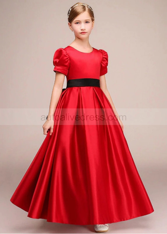 Short Sleeves Red Satin Flower Girl Dress